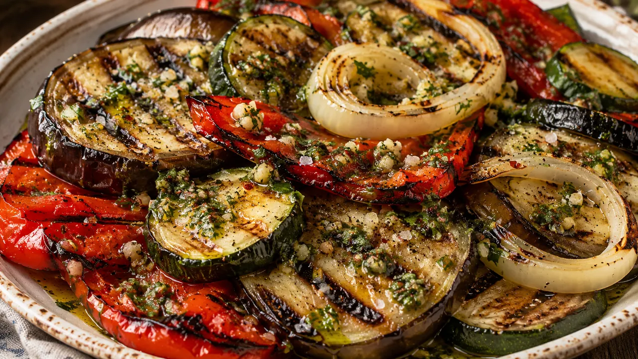 Fuente con verduras grilladas de berenjena, zucchini, morrón y cebolla, marcadas por la plancha y cubiertas con provenzal en aceite de oliva