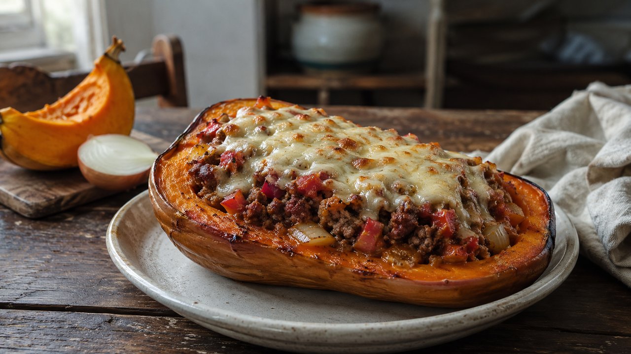 Zapallo anco relleno con farsa de carne y pimentón, gratinado con queso, en fuente de horno sobre mesa de madera oscura