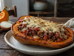 Zapallo anco relleno con farsa de carne y pimentón, gratinado con queso, en fuente de horno sobre mesa de madera oscura