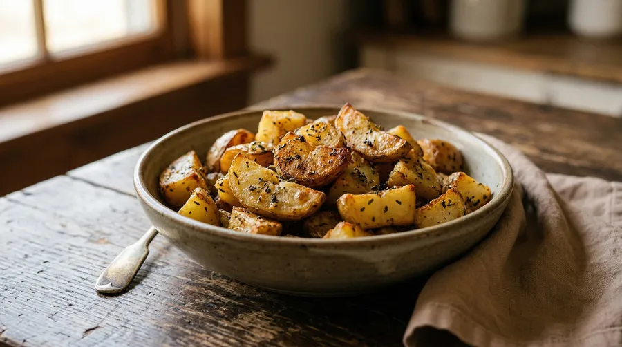 Papas provenzal doradas al horno en bol de cerámica rústica