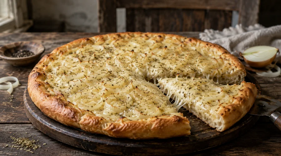 Pizza fugazzeta con cebolla y queso fundido recién salida del horno