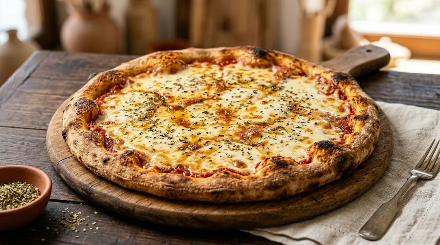 Pizza fugazzeta con cebolla y queso fundido recién salida del horno
