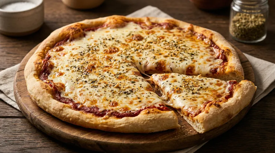 Pizza con orégano y ajo granulado recién salida del horno