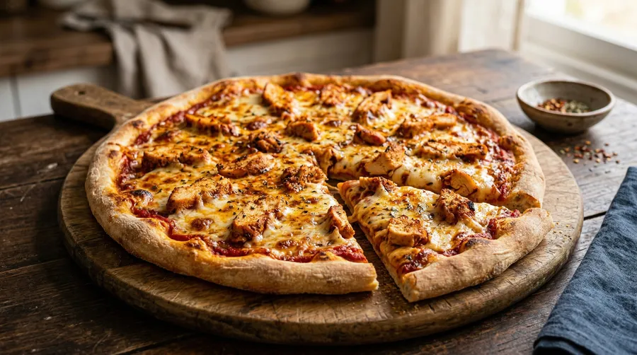 Pizza con pollo desmenuzado y pimentón recién salida del horno