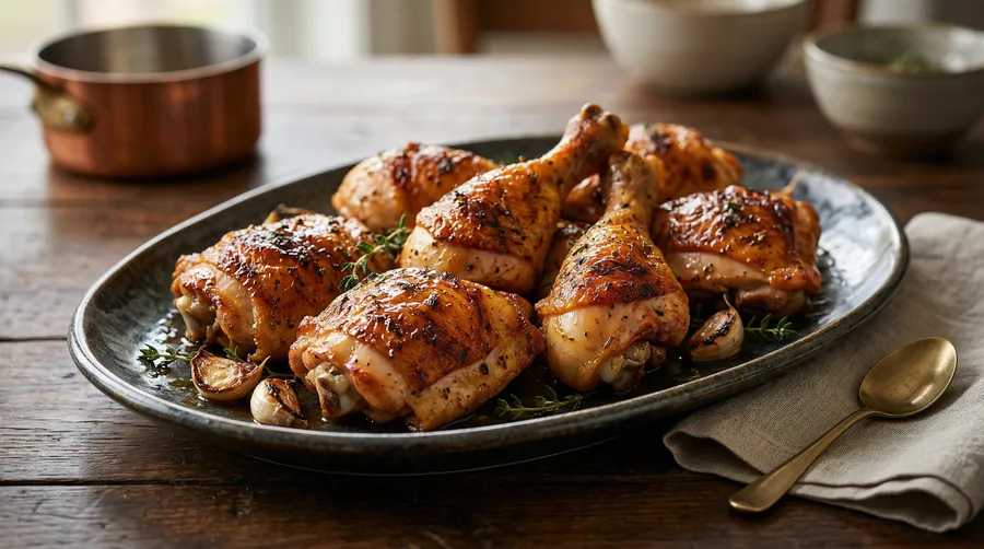 Pollo al horno dorado con pimentón servido en fuente rústica