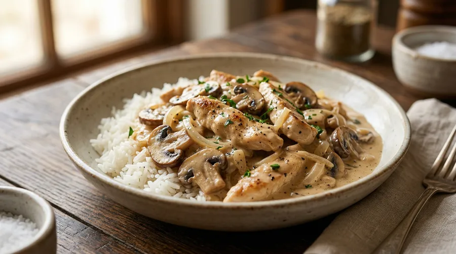 Strogonoff de pollo con champiñones y salsa cremosa servido sobre arroz blanco
