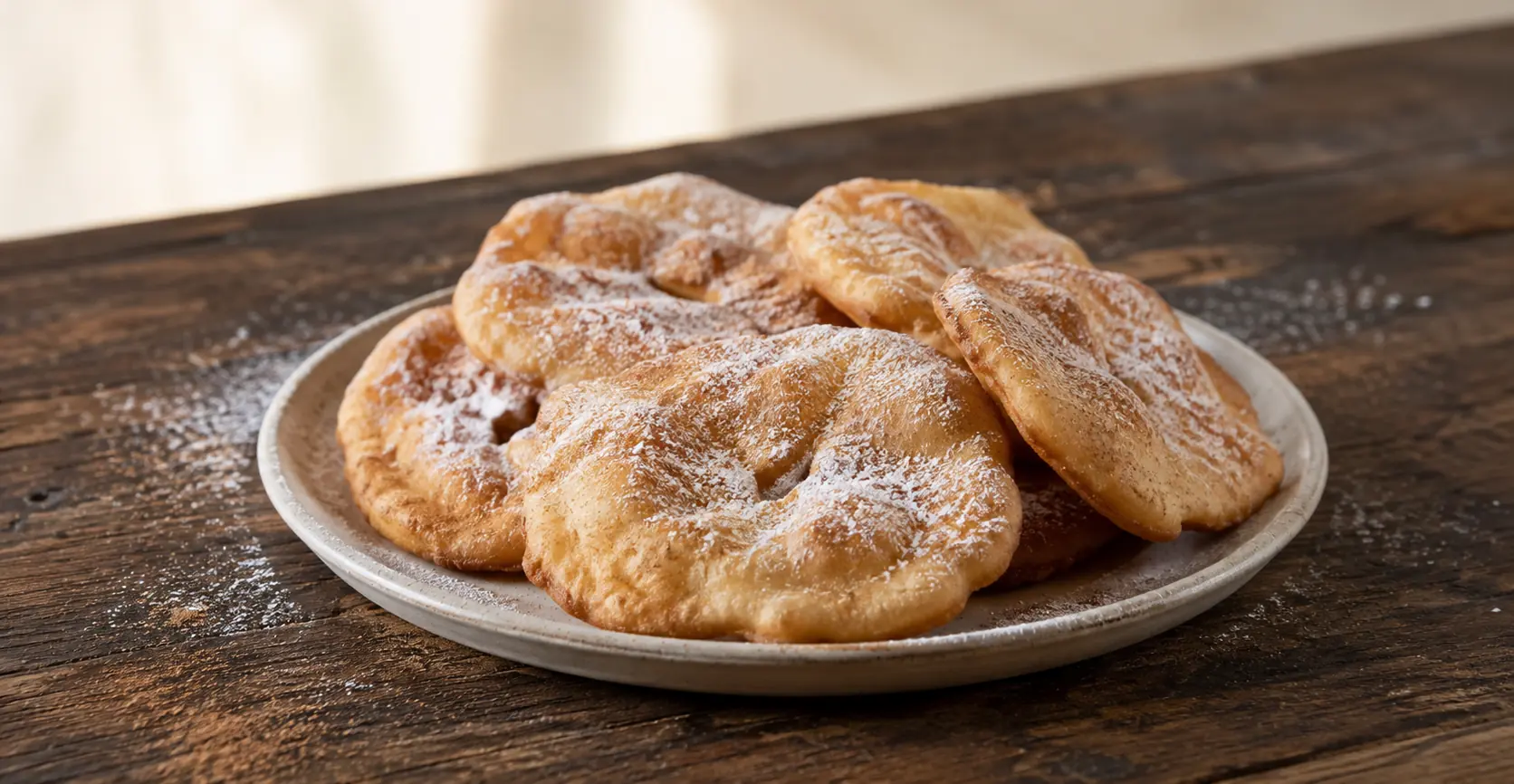 Tortas fritas caseras apiladas en un plato de cerámica clara sobre mesa de madera oscura, espolvoreadas con azúcar impalpable
