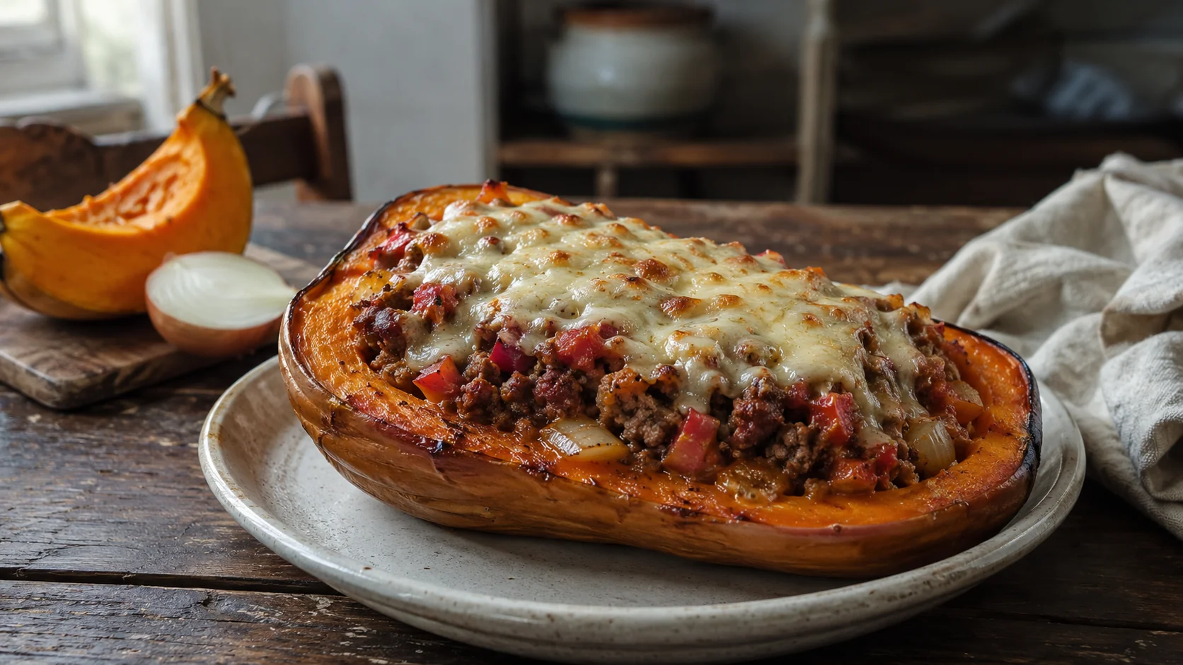 Zapallo anco relleno con farsa de carne y pimentón, gratinado con queso, en fuente de horno sobre mesa de madera oscura