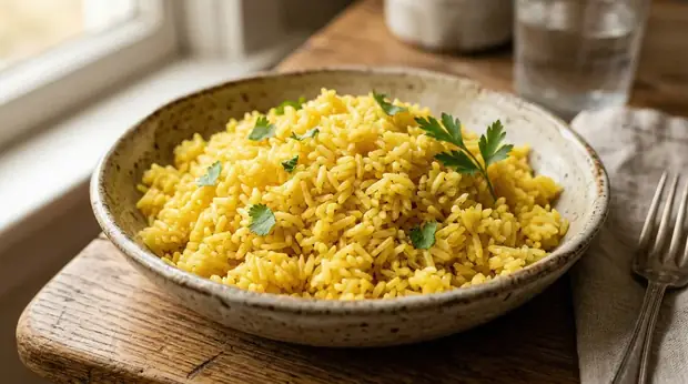 Arroz amarillo terminado, servido en un plato hondo de cerámica con hojas de perejil